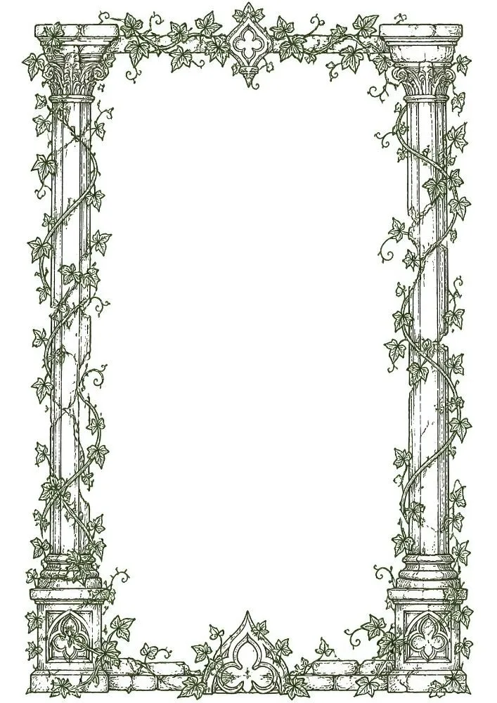 Gothic column border covered with ivy vines and stone details.