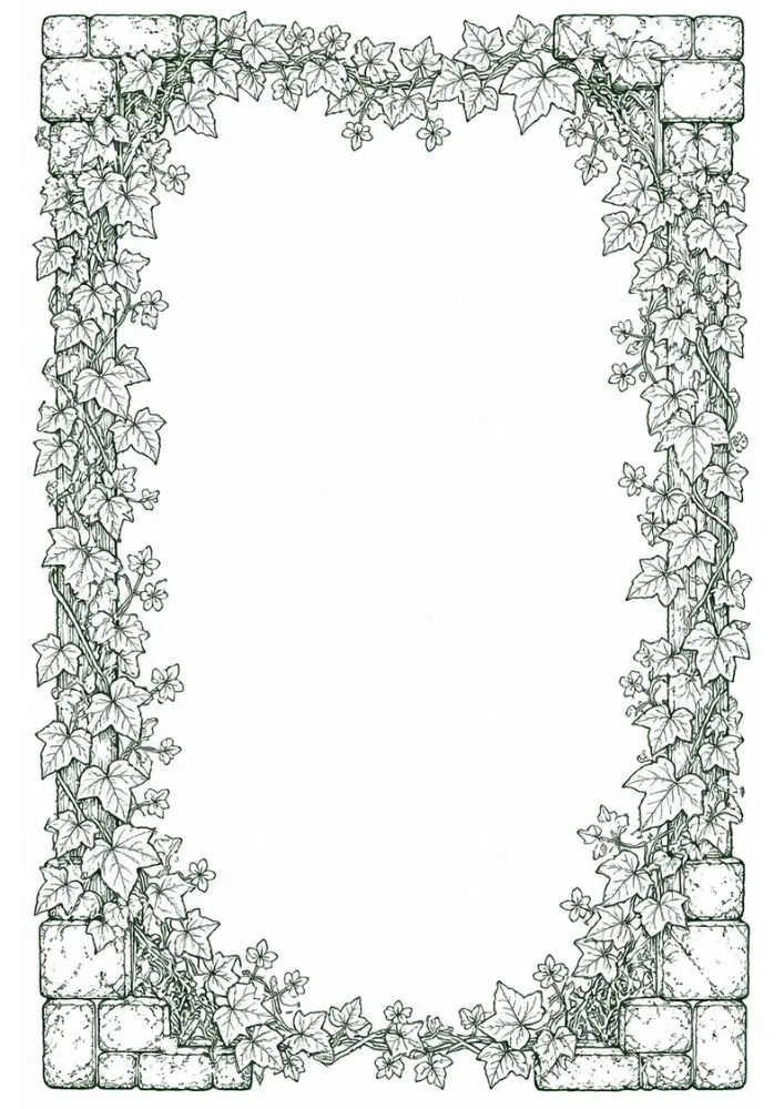 Gothic vine border with stonework, niches, and skull detail.