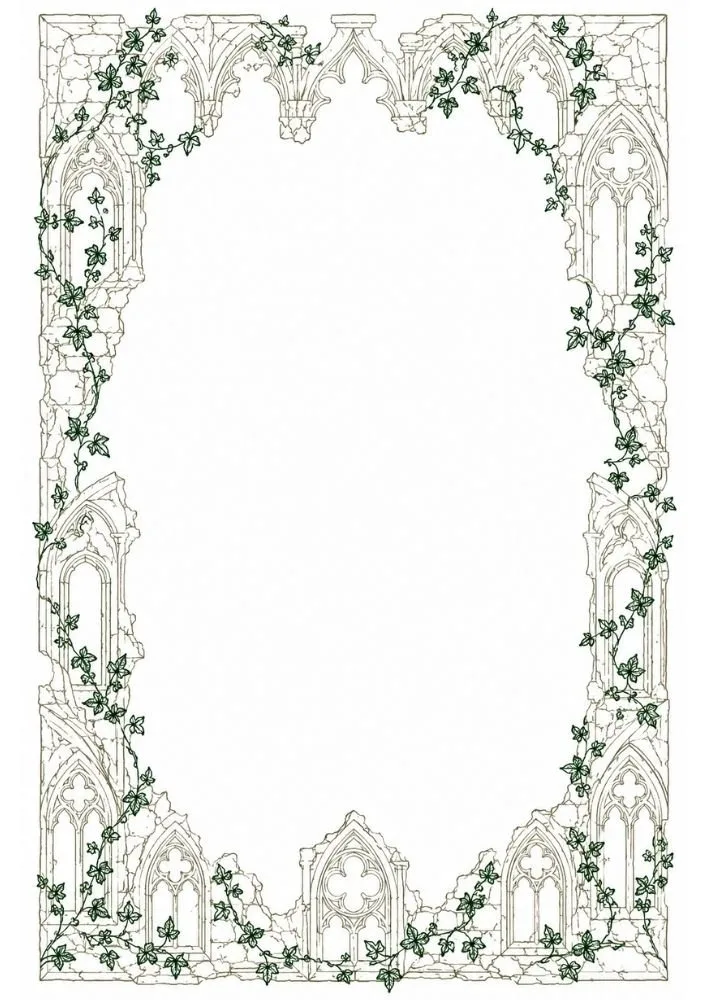 Celtic knot border accented with ivy leaves and vines.