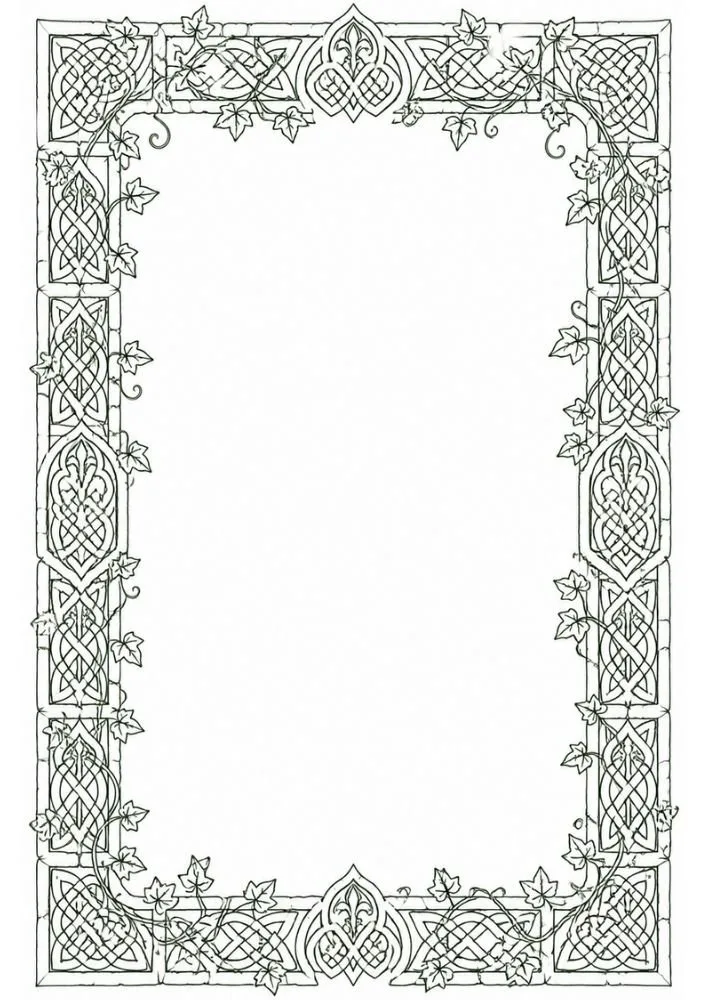 Stone border decorated with ivy vines, ferns, and forest plants.