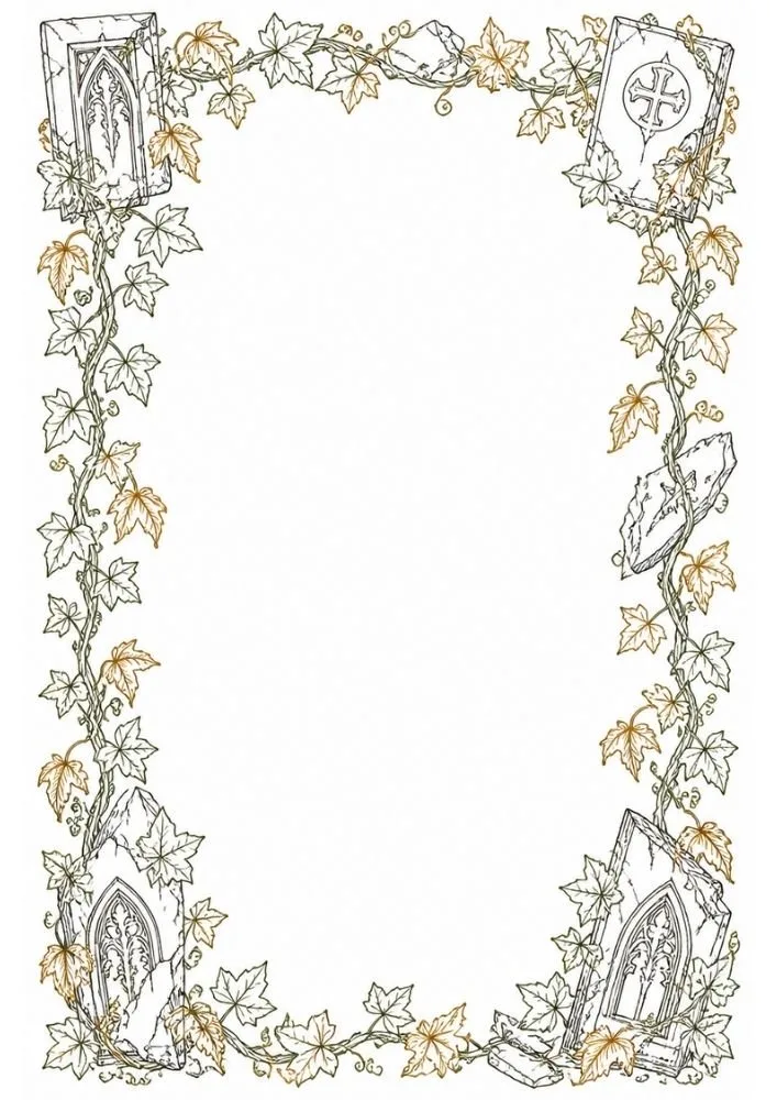 Medieval gothic border with stone architecture and ivy vines.