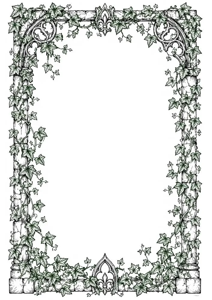 Gothic arch border decorated with ivy-covered stonework.