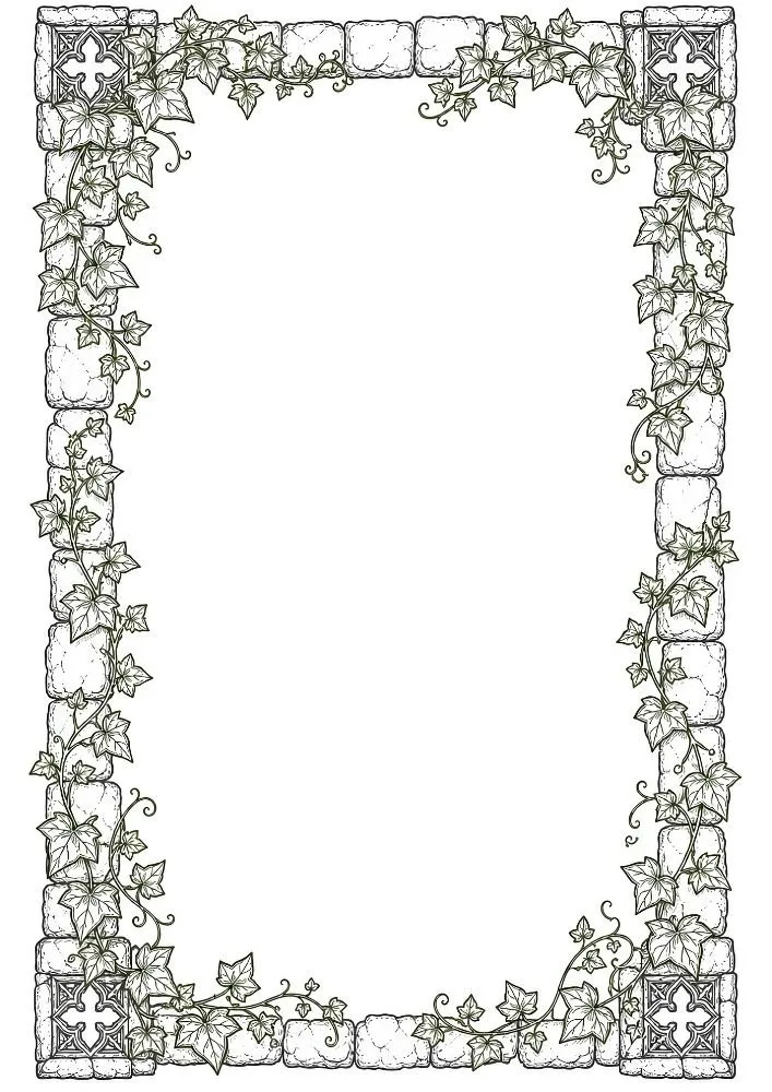 Stone wall border with climbing ivy and gothic corner details.