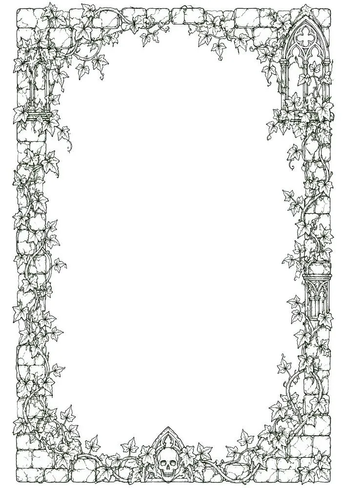 Gothic ruin border with ivy vines and medieval stone details.