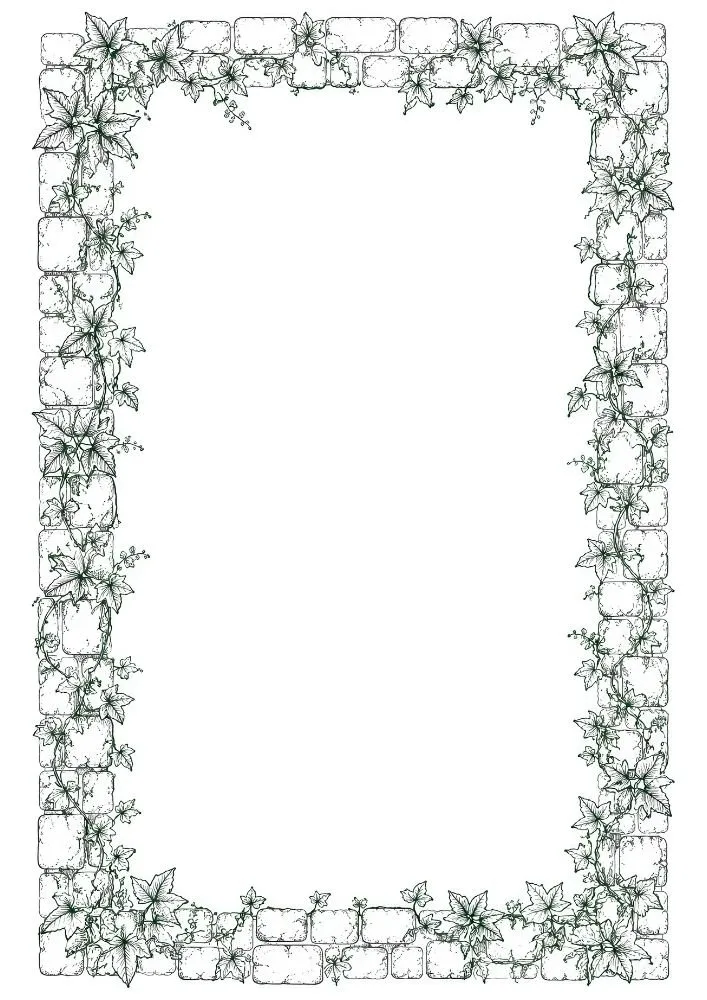 Stone border wrapped with ivy vines and leafy accents.