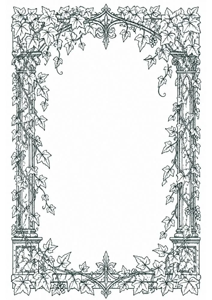 Gothic pillar frame covered in ivy vines and foliage.