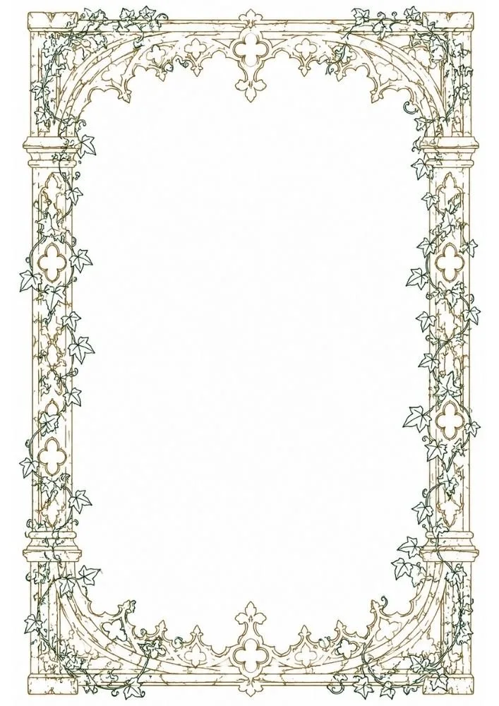 Cathedral-style gothic border with arches and ivy vines.