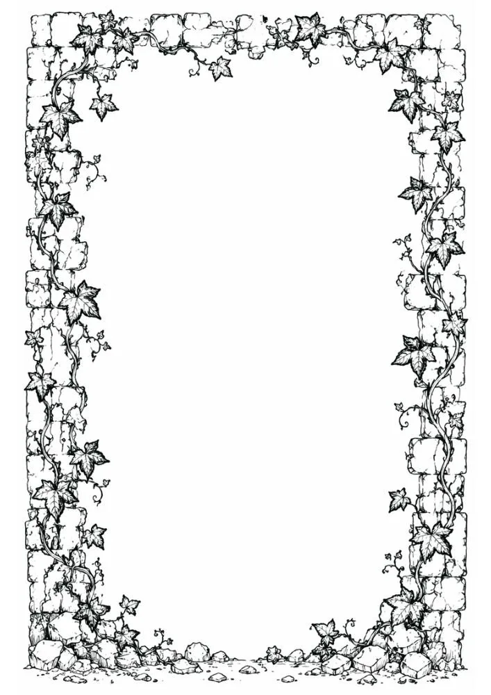 Weathered stone border decorated with winding ivy vines.
