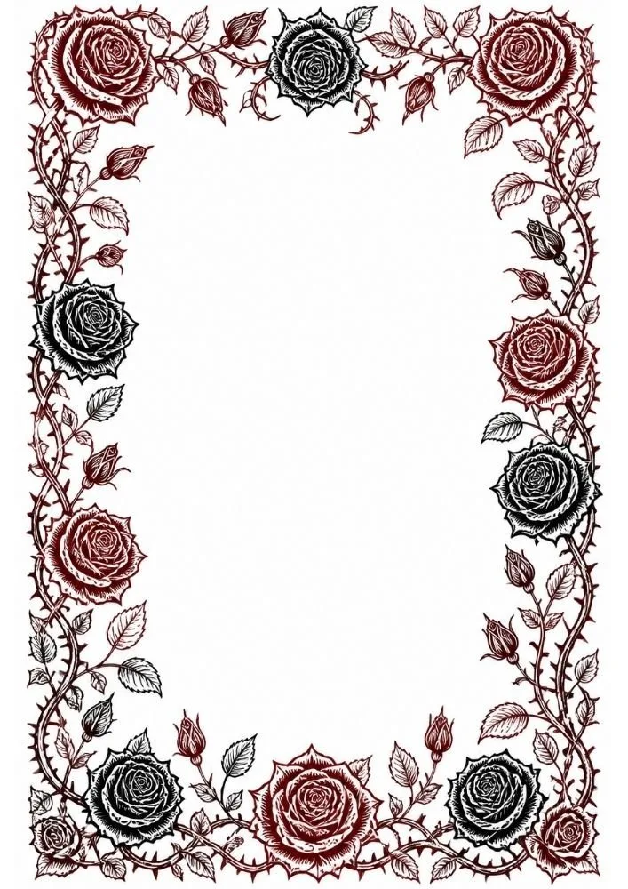 Gothic rose frame with thorny vines and blooming roses around a blank center.