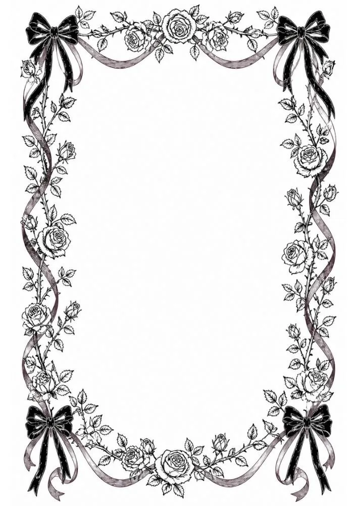 Rose border with flowing ribbons and floral accents.
