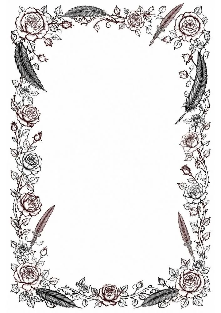 Decorative border featuring roses, feathers, and floral vines.