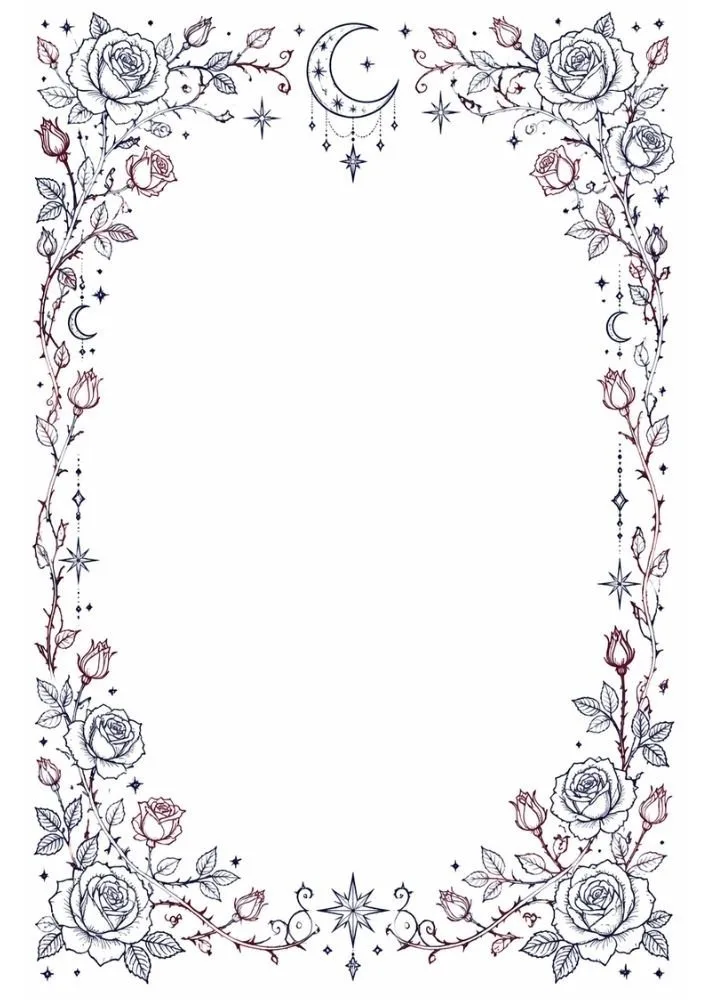 Rose floral frame with celestial moon and star accents.
