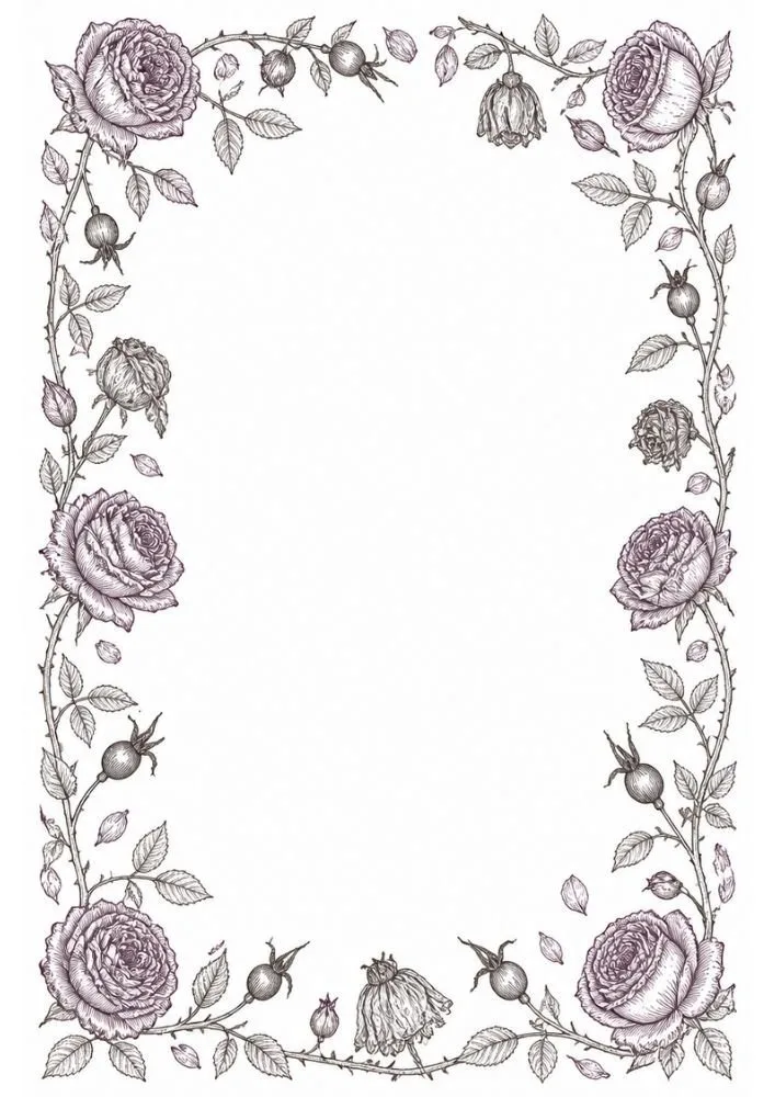 Antique botanical frame with roses, rose hips, and foliage.