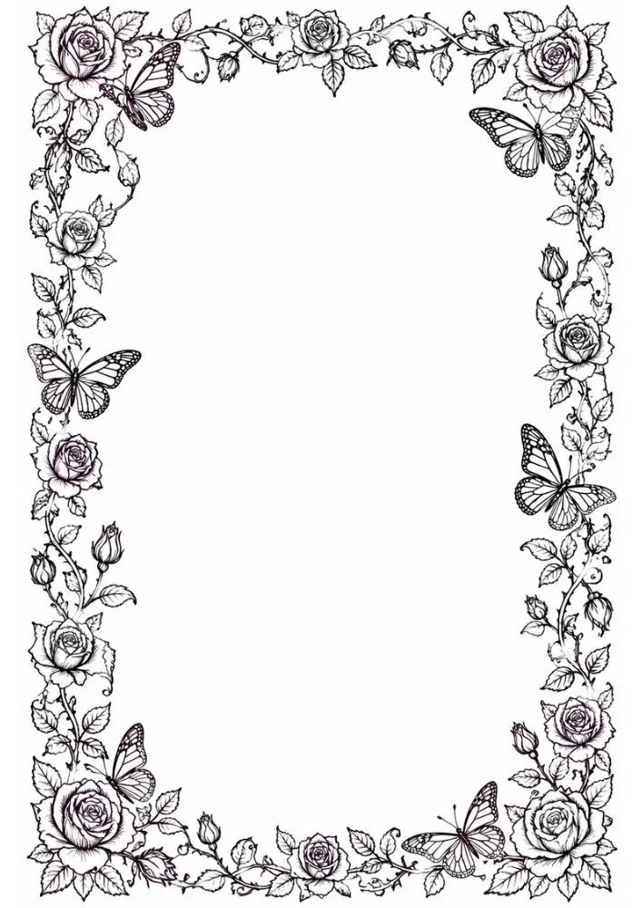 Rose garden border with butterflies and decorative floral vines.