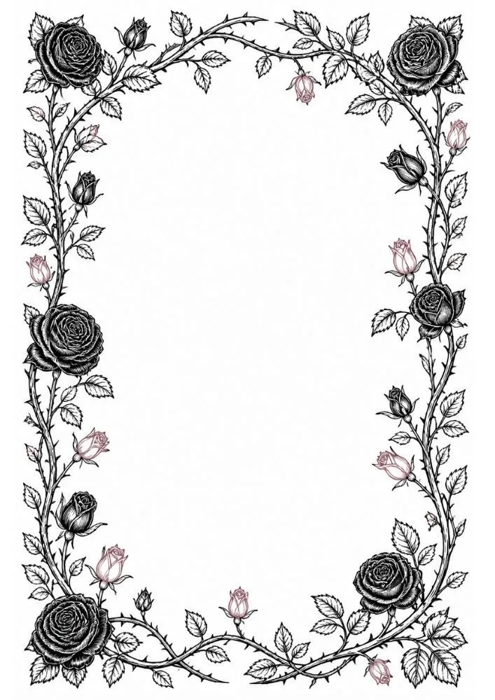 Black rose arch border with thorny vines and open central space.