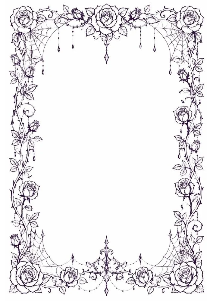 Gothic rose border featuring spider webs and ornamental hanging details.