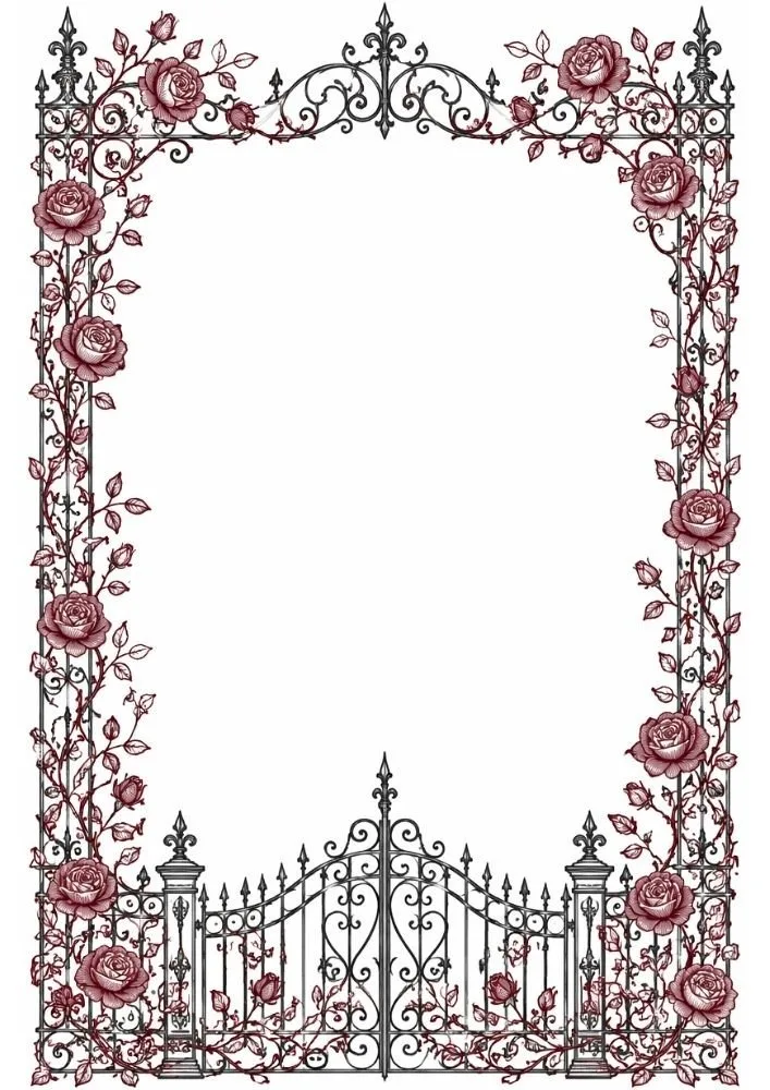 Ornate iron gate surrounded by roses and climbing floral vines.
