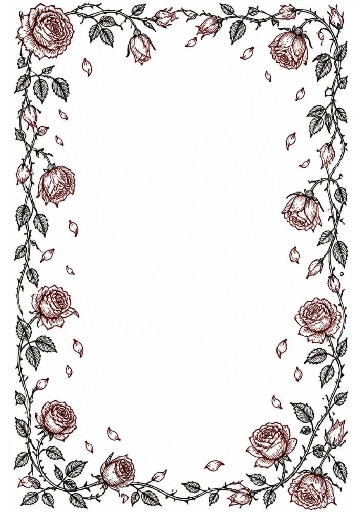 Rose vine frame with falling petals and blank central area.