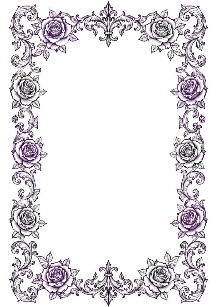 Gothic floral frame with roses and ornamental scroll details.
