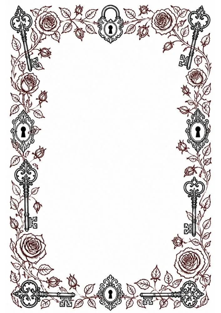 Rose vine border decorated with vintage keys and keyhole ornaments.