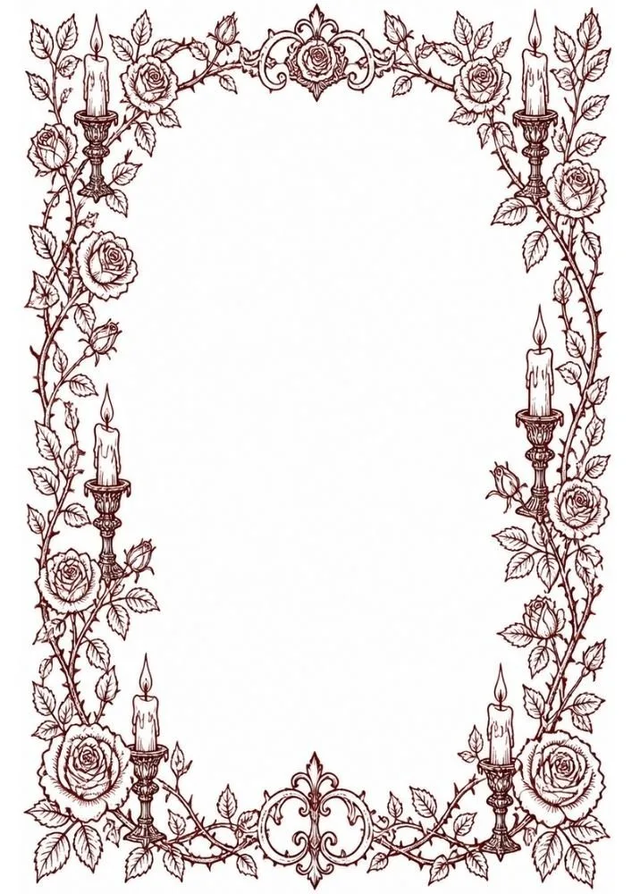 Gothic candle and rose border with decorative floral vines.