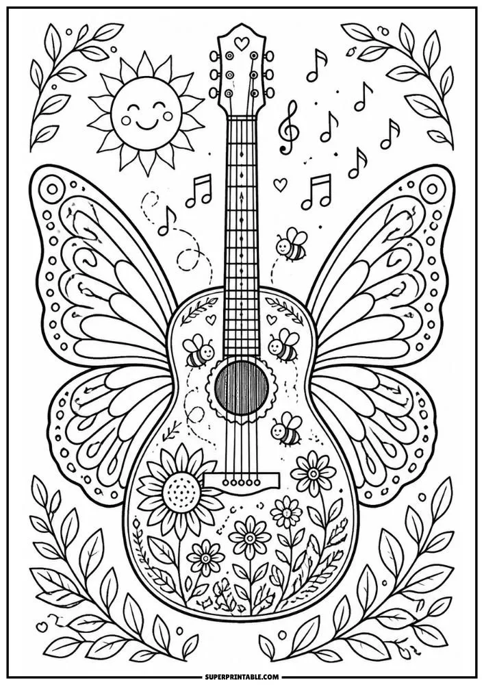 A guitar with butterfly wings, flowers, bees, leaves, a smiling sun, and floating music notes surrounded by decorative branches.
