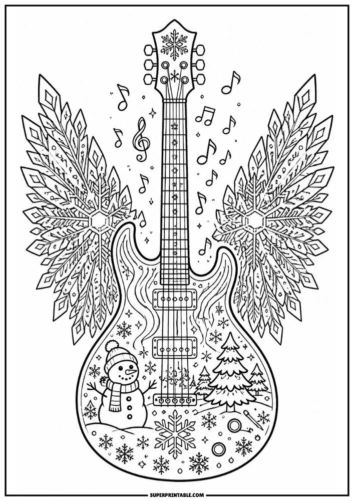 A guitar with snowflake wings, snowman, pine trees, snowflakes, and floating music notes.
