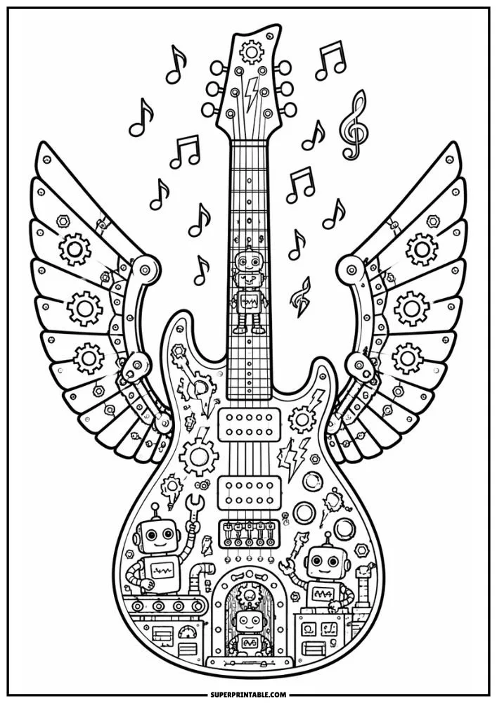 A guitar with robotic wings, gears, robots, bolts, machinery parts, and musical notes.