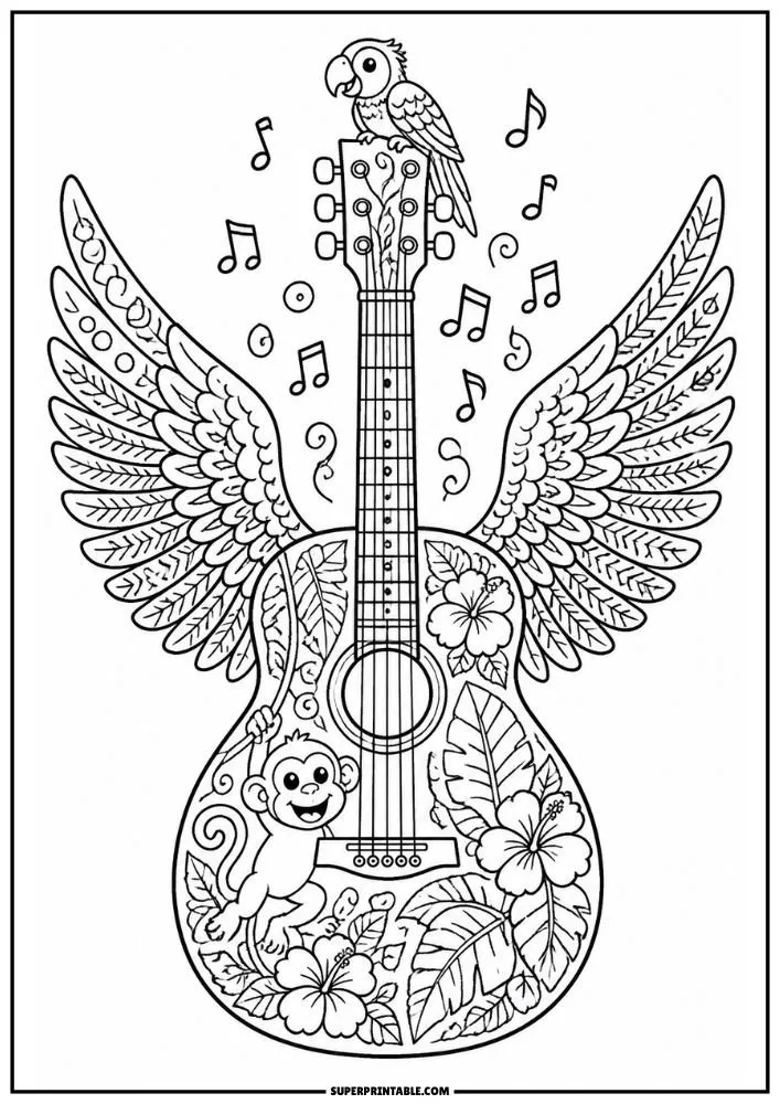A guitar with bird wings, tropical flowers, leaves, a monkey, a parrot, and music notes.
