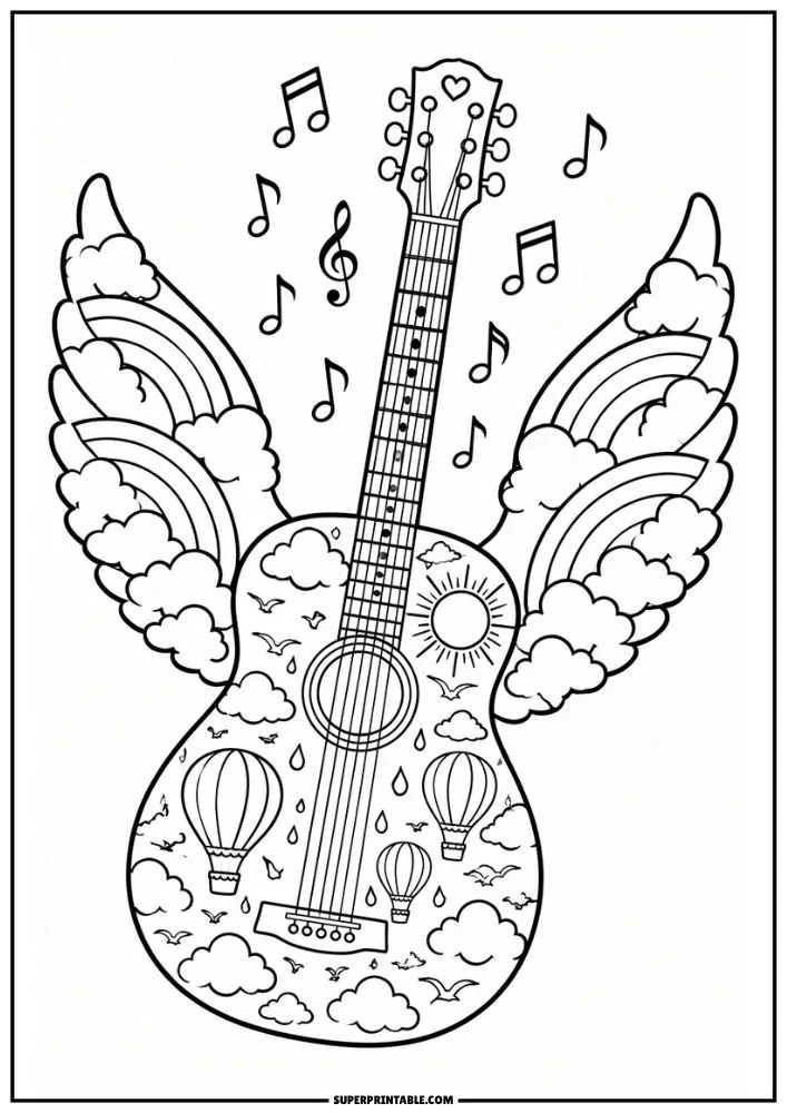 A guitar with rainbow wings, clouds, balloons, sun, birds, and musical notes.