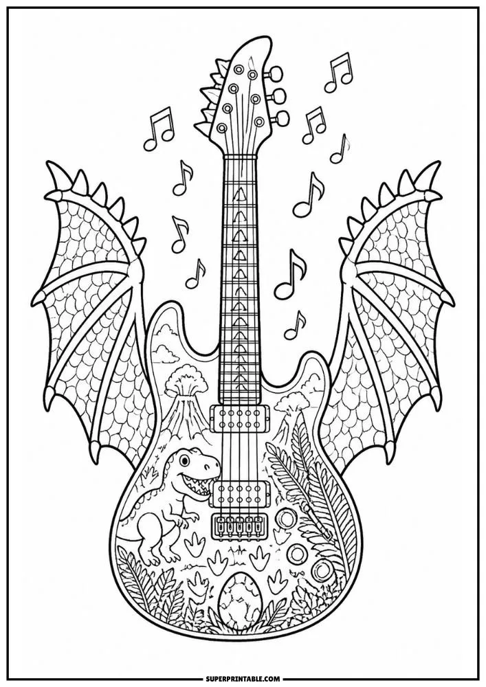 A guitar with dragon wings, dinosaur, volcanoes, plants, dinosaur tracks, and musical notes.