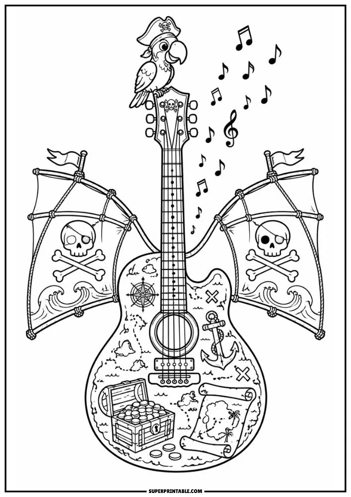 A guitar with pirate ship sails as wings, treasure chest, pirate map, anchor, waves, pirate parrot, and musical notes.