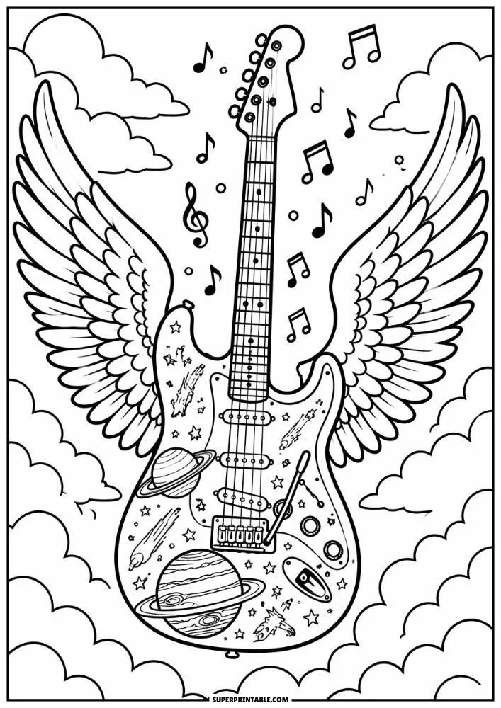 An electric guitar with angel wings decorated with planets, stars, clouds, and musical notes floating around it.