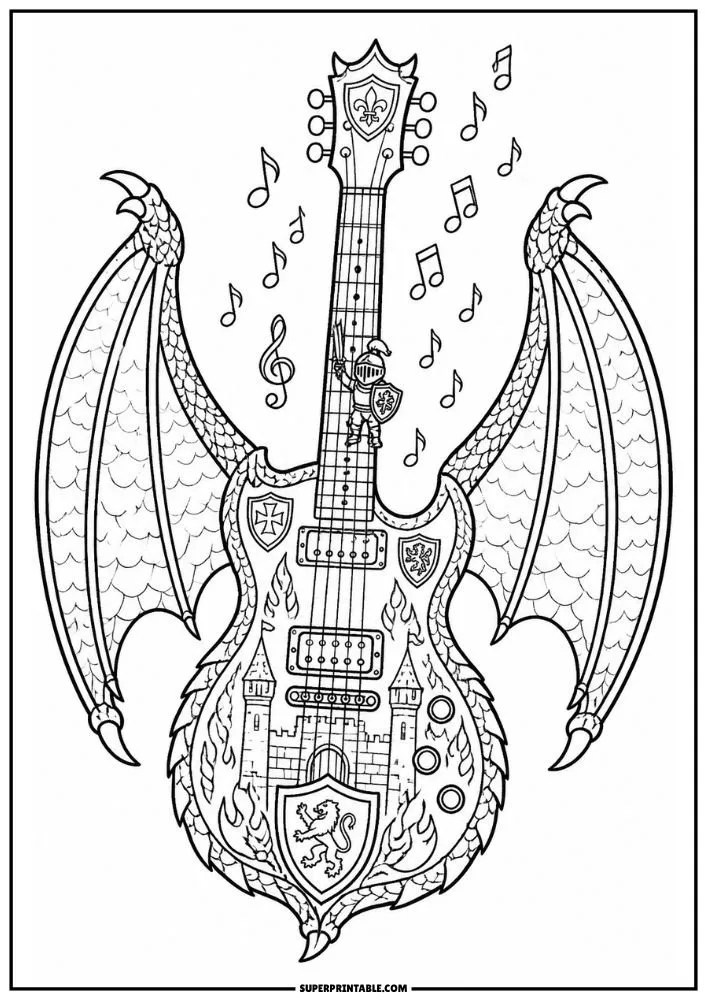 A guitar with dragon wings, castle designs, shields, flames, a knight, and musical notes on a fantasy-themed page.