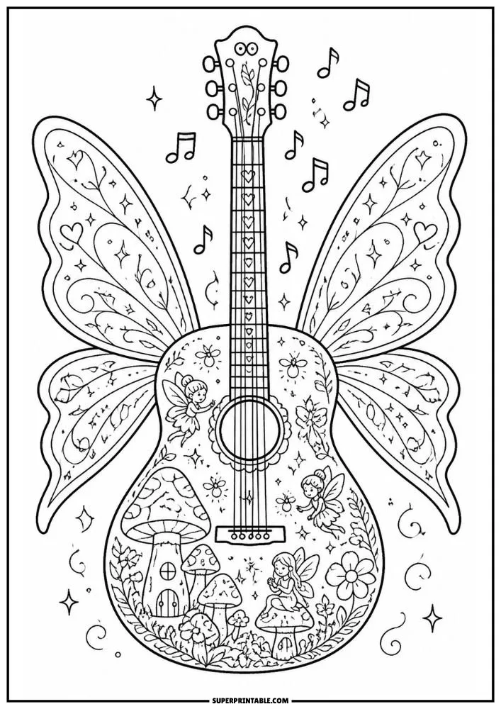 A guitar with butterfly-like fairy wings, fairies, flowers, mushrooms, stars, and floating music notes.