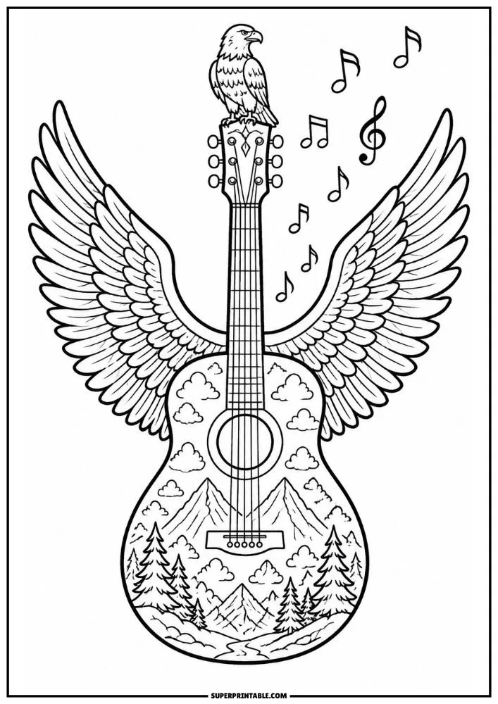 A guitar with large bird wings, mountain landscapes, trees, clouds, an eagle, and musical notes.
