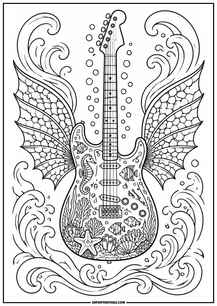 A guitar with fish-scale wings, waves, coral, fish, seahorses, starfish, and underwater decorations.