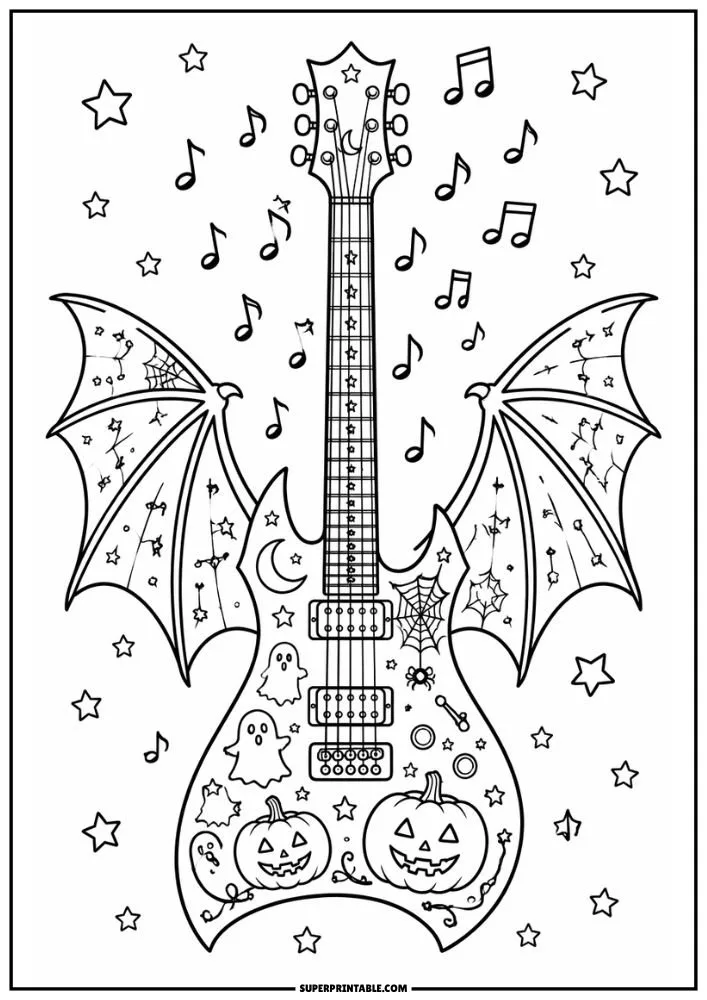 A guitar with bat wings, pumpkins, ghosts, spider webs, stars, moons, and musical notes.