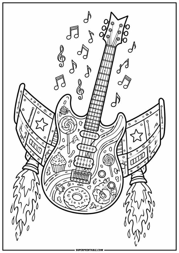 A guitar with rocket wings decorated with cupcakes, donuts, candy, lollipops, and musical notes.