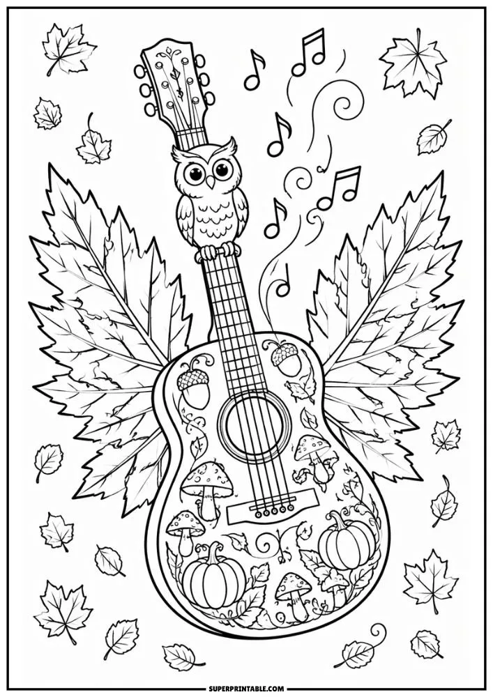 A guitar with leaf wings, pumpkins, mushrooms, acorns, falling leaves, an owl, and music notes.