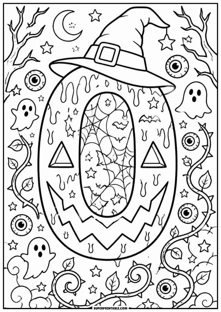 Number 0 pumpkin face with witch hat, ghosts, bats, vines, eyeballs, and spider webs.