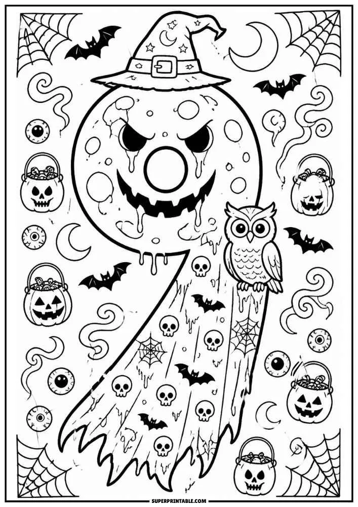 Number 9 pumpkin ghost with owl, bats, skulls, spider webs, eyeballs, and candy buckets.