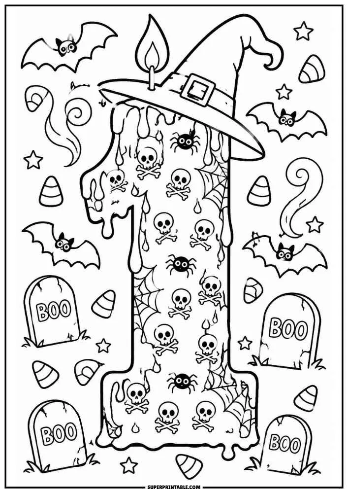 Number 1 candle with witch hat, skulls, spiders, webs, bats, candy corn, and BOO gravestones.