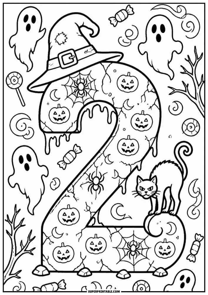 Number 2 with pumpkins, witch hat, ghosts, candy, black cat, webs, and spooky trees.