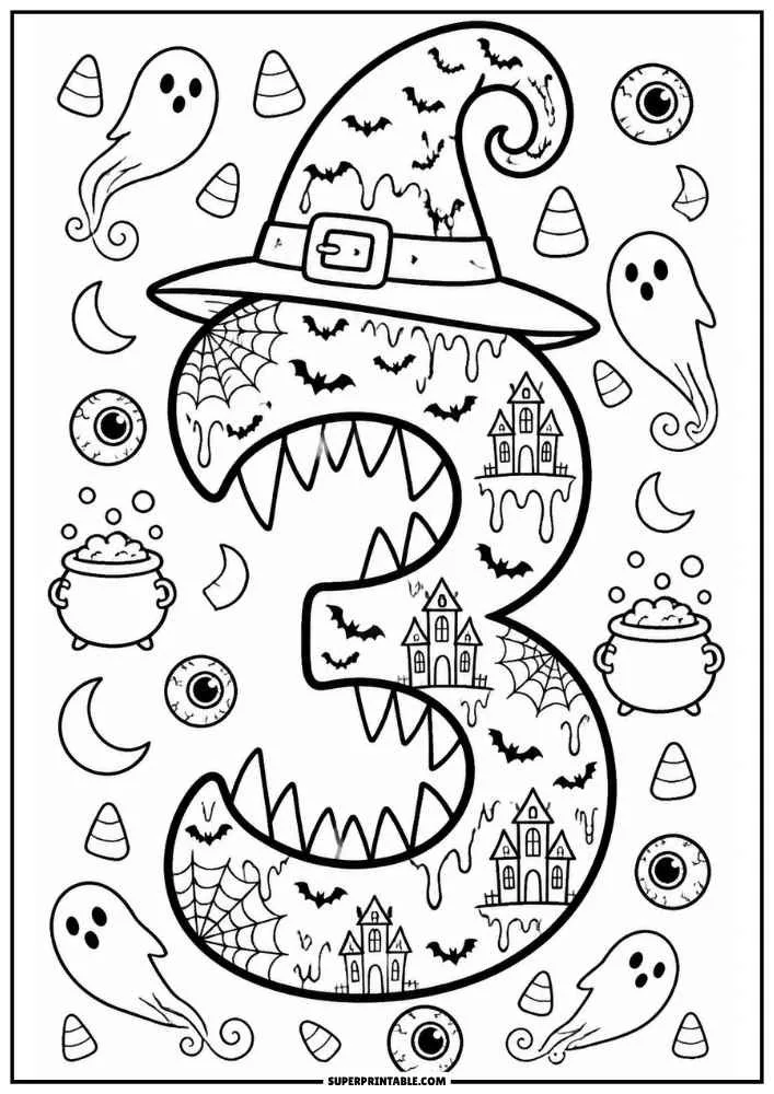 Monster number 3 with teeth, haunted houses, bats, ghosts, eyeballs, and cauldrons.