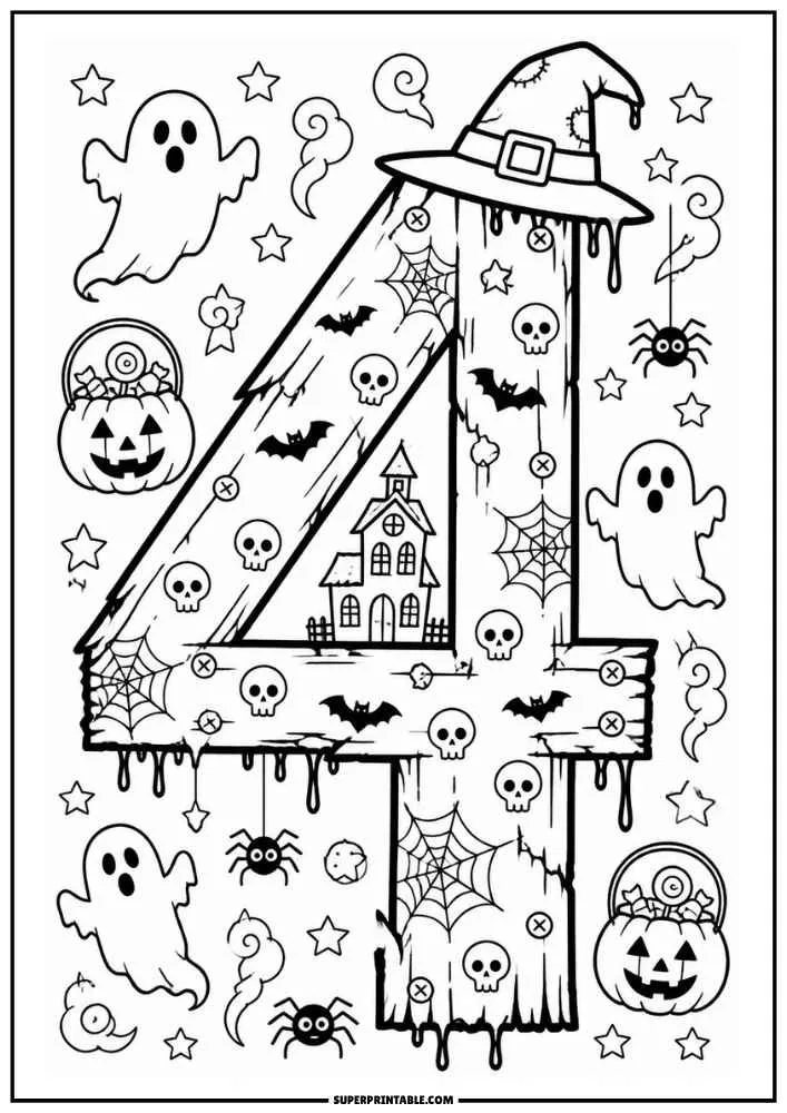 Wooden number 4 with skulls, haunted house, ghosts, spiders, stars, and pumpkin buckets.