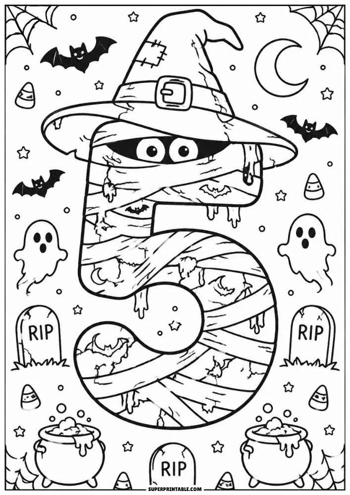 Mummy number 5 with witch hat, ghosts, bats, RIP gravestones, moons, and cauldrons.