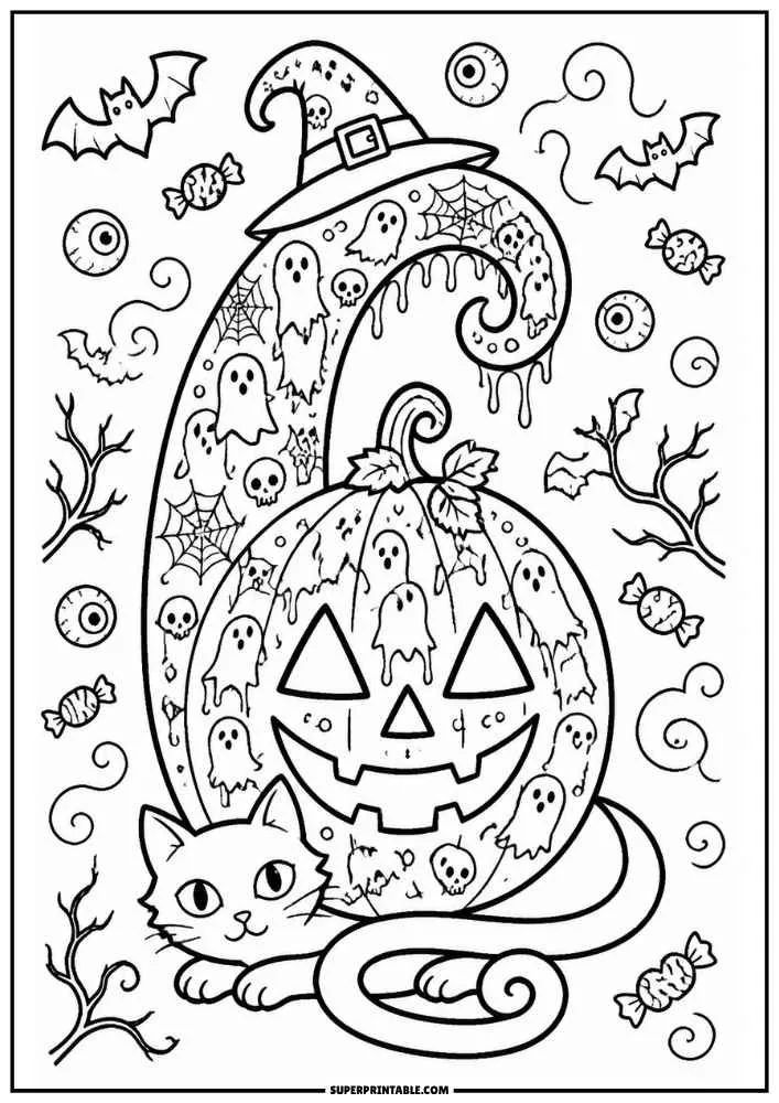 Number 6 with jack-o'-lantern, cat, ghosts, skulls, candy, webs, and bats.