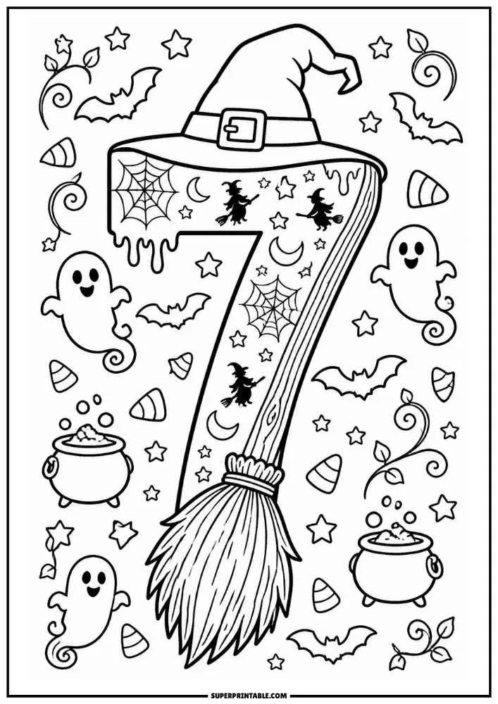 Number 7 broom with witch hat, flying witches, ghosts, bats, stars, and cauldrons.