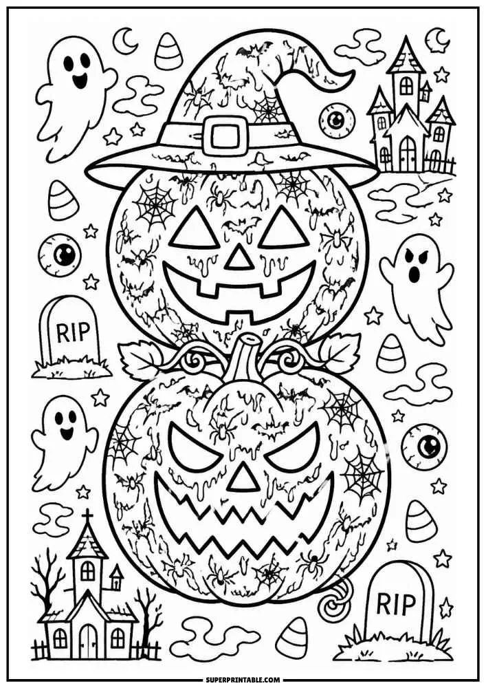 Number 8 pumpkin stack with witch hat, ghosts, spiders, haunted houses, and gravestones.